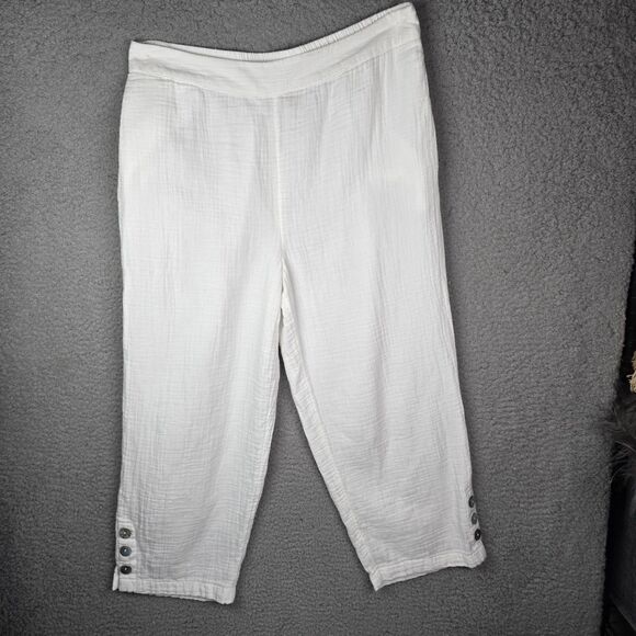 APPLESEEDS Womens White 100 Cotton Cropped Pants M Shell Button Pocket Capri - Picture 10 of 10